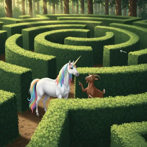 White Unicorn and Friendly Brown Goat in Enchanted Maze