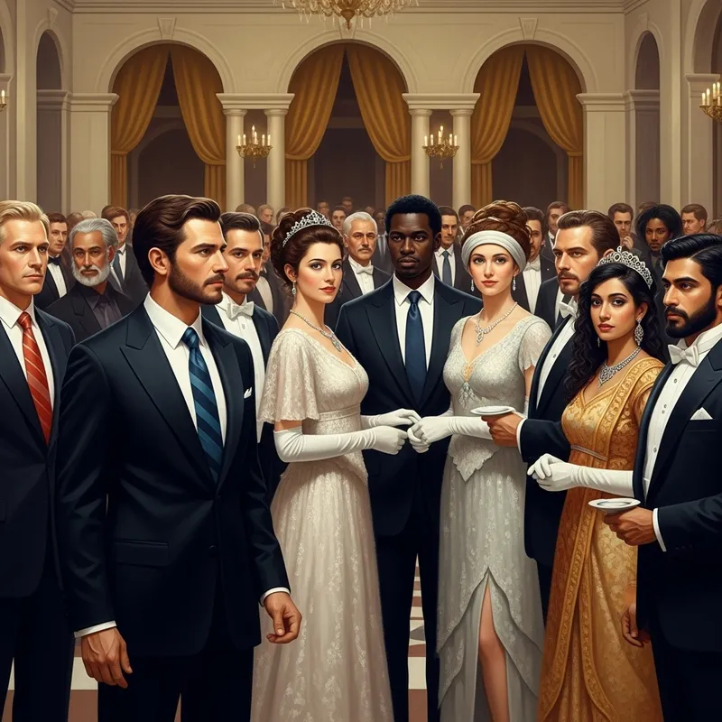 Grand Ball Aristocracy: Diverse Gathering & Elegant Attire