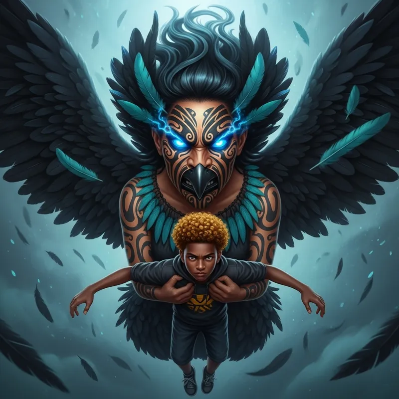 Kurangaituku: Mythical Maori Bird Woman with Blue Eyes and Feathers Soaring