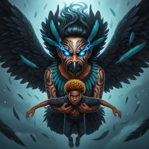 Kurangaituku: Mythical Maori Bird Woman with Glowing Blue Eyes and Feathers