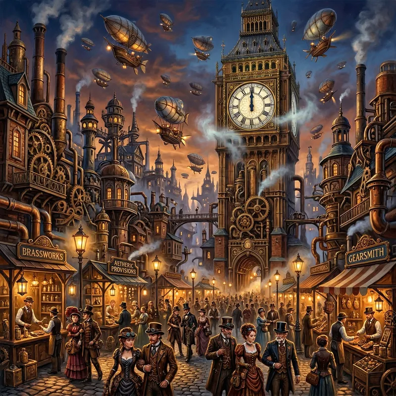 Whimsical Steampunk Cityscape at Twilight