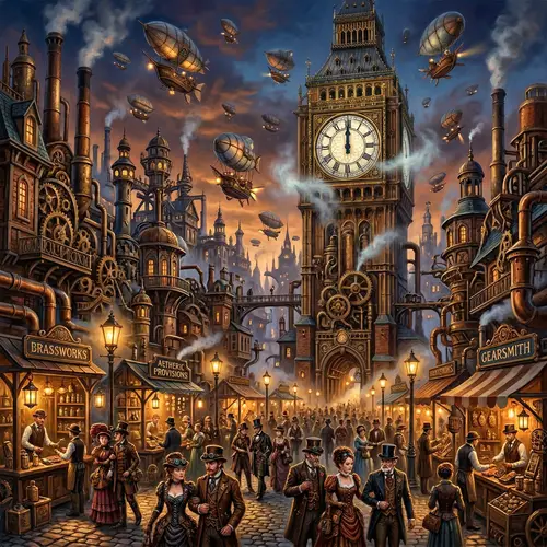 Whimsical Steampunk Cityscape at Twilight