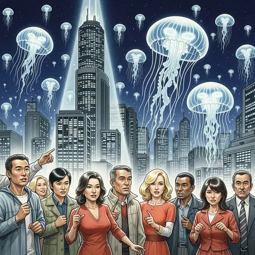 Bright City Under Siege: Alien Jellyfish Attack Drawing