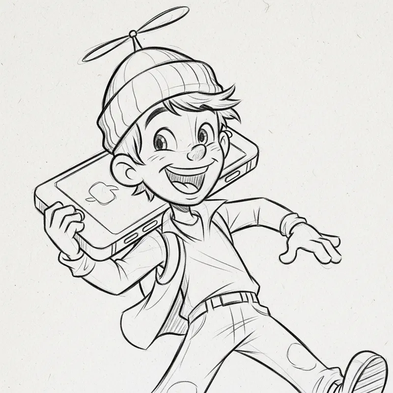 Vintage Animation Pencil Sketch of Joyful Male with Oversized Propeller Beanie Hat and iPhone