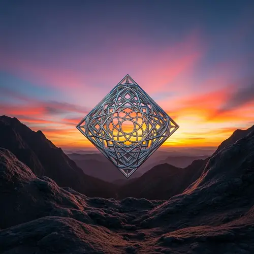 Surreal Mountain Landscape with Sacred Geometry Object at Sunset