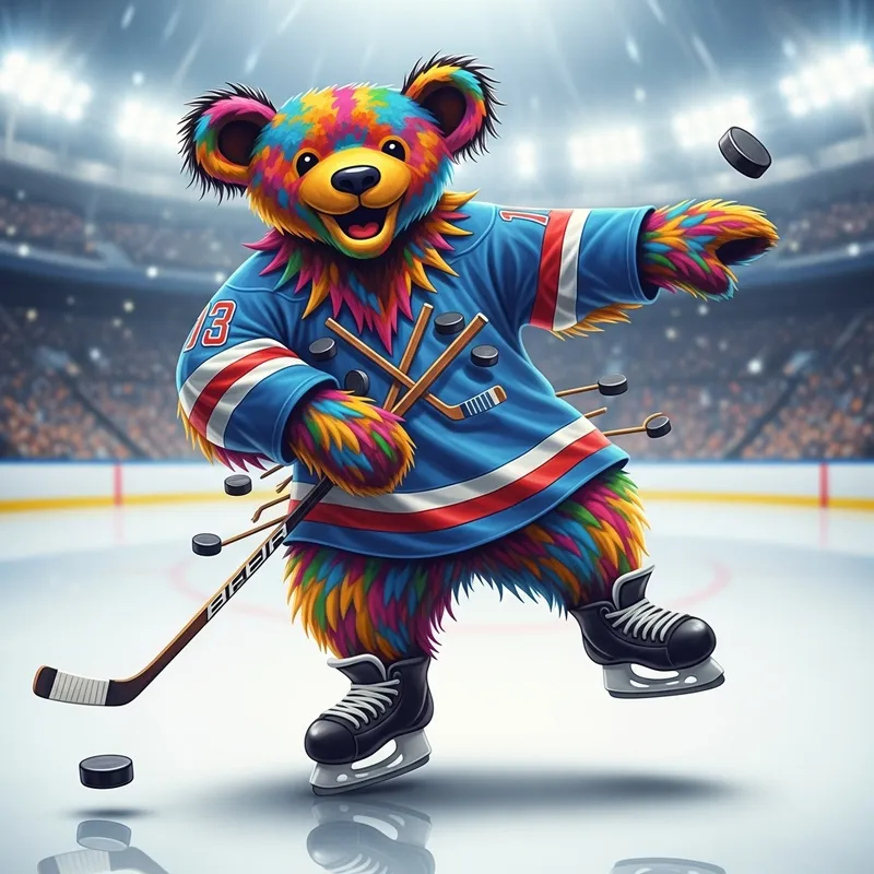 Playful Dancing Bear with Ice Hockey Motifs