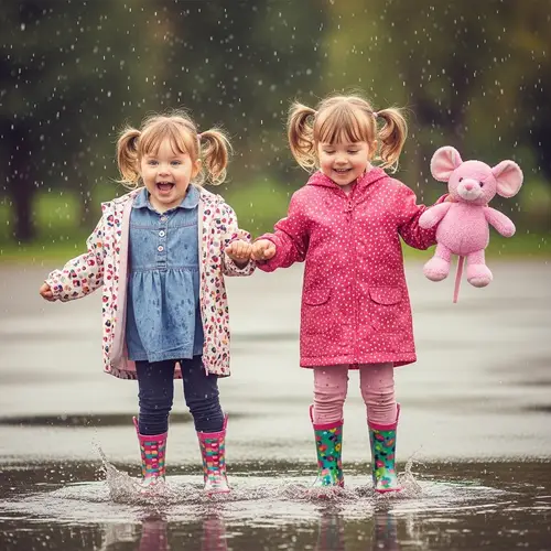 Dark Blonde Pigtails Girls Jumping in Puddle with Pink Mouse Plush