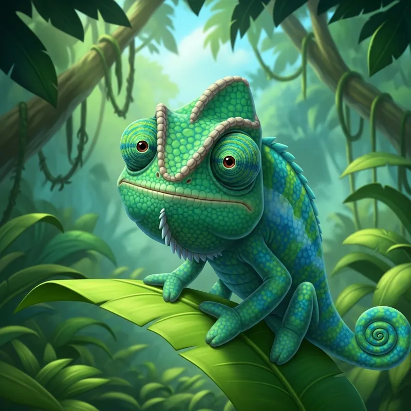 Captivating Chameleon in Pixar-Inspired Style - Lush Green Jungle Scene