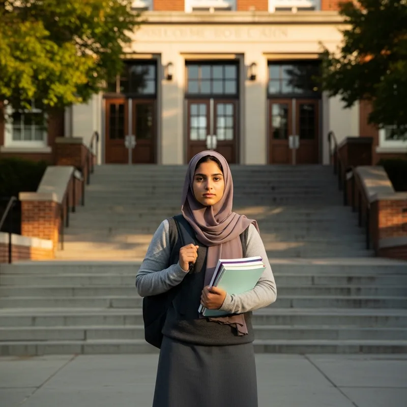 High School Hijab Student with Books and Backpack