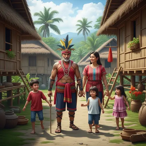 Filipino Warrior Family Scene in Traditional Village