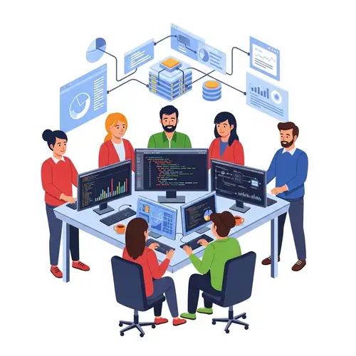 Diverse Data Engineering Team Analyzing SQL Codes and Data Pipeline Maps