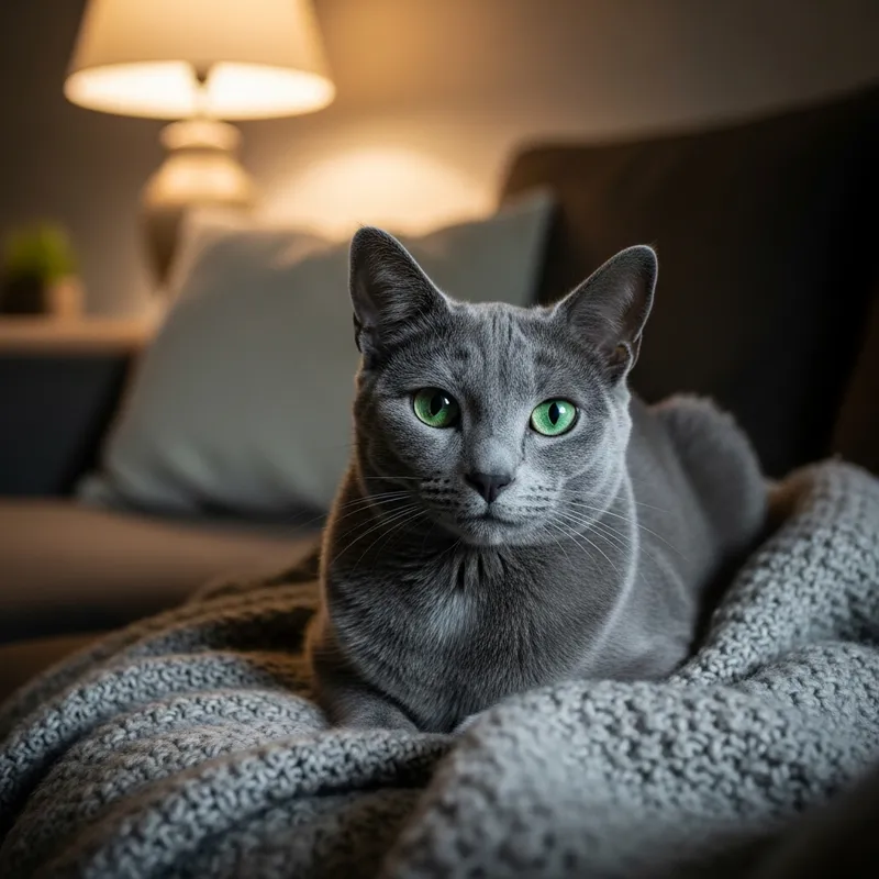 Beautiful Russian Blue Cat in a Cozy Setting