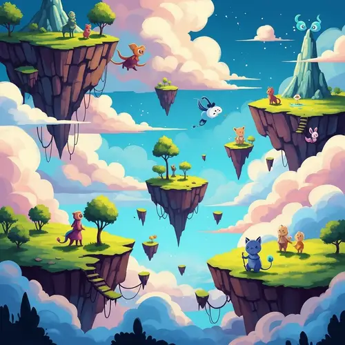 Fantastical Landscape of Floating Islands and Mythical Creatures