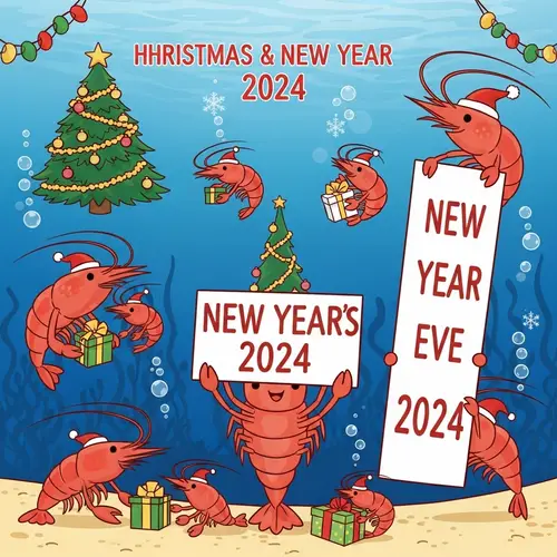 Charming Christmas & New Year 2024 Greeting Card with Anthropomorphic Shrimp Family