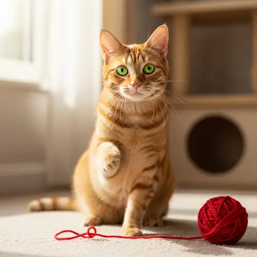 Playful Orange Tabby Cat with Vibrant Green Eyes | Cozy Home Environment