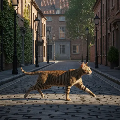 Brindle-Coated Feline Crossing Urban Road | Muscular Cat in Action