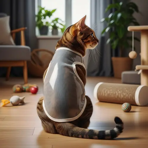 Unique Rubber Singlet Cat: Quirky Image of Cat in Shiny Rubber Apparel