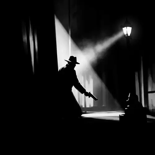 Mysterious Figure Emerging from Dense Shadows in Noir Setting