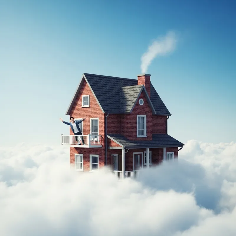 Asian Man Joyfully Flying on Quaint House in Clouds Asian Man Joyfully Flying on Quaint House in Clouds