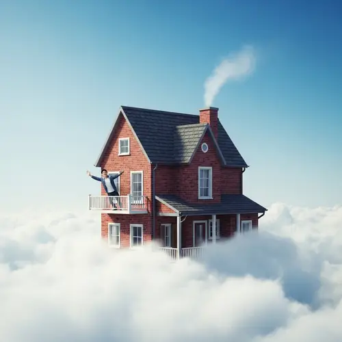 Asian Man Flying on Whimsical House in Clouds