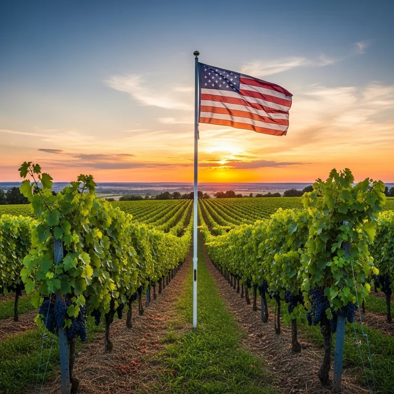 Serene Vineyard Sunset Flag View