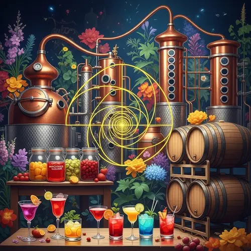 Vibrant Distillery Scene with Golden Ratio Spiral | Copper Stills & Cocktails