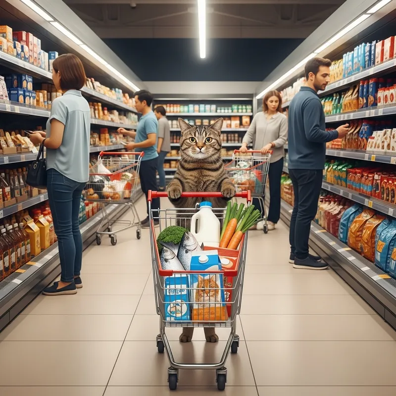 Cat Shopping in Supermarket: Domestic Scene with Diverse Shoppers