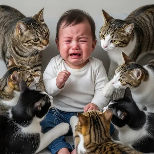 Upset Infant Comforted by Cats - Heartwarming Scene
