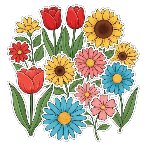 Colourful Cartoon-Style Flowers: Tulips, Daisies, Sunflowers