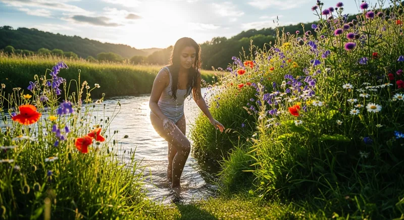 Beautiful 18-Year-Old Woman Coming out of River on Sunny Summer Day Beautiful 18-Year-Old Woman Coming out of River on Sunny Summer Day
