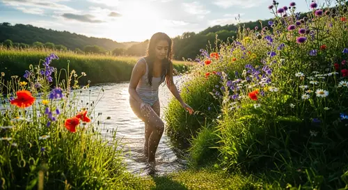 Stunning 18-Year-Old South Asian Emerging from River | Summer Scene