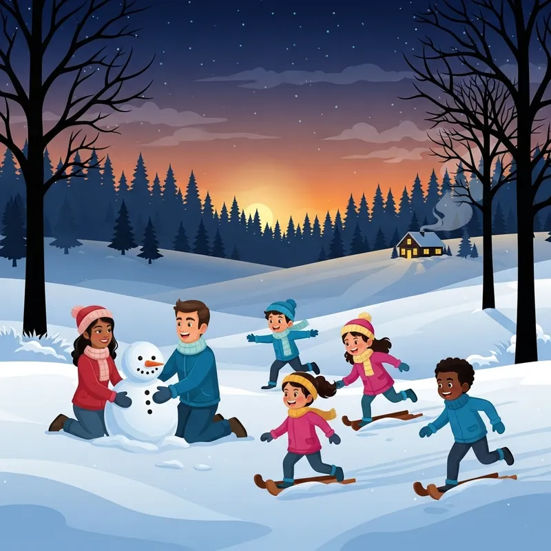 Winter Wonderland Scene with Tree Silhouettes and Joyful Figures