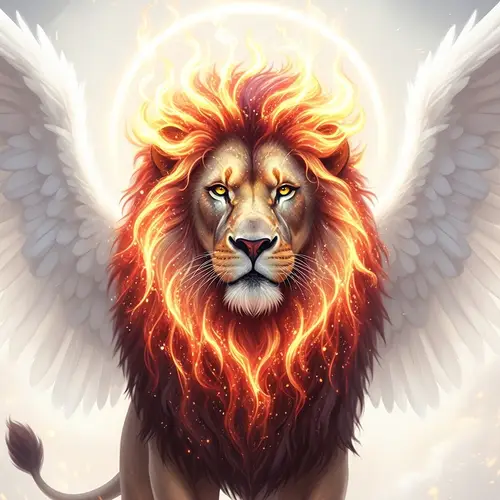 Fiery Lion with Angel Wings in White