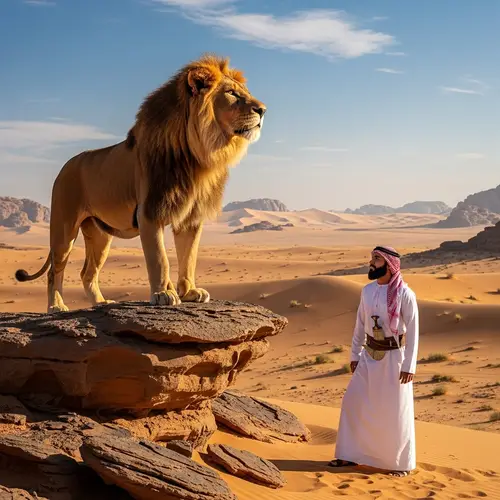 Majestic Lion and Middle-Eastern Man in the Desert