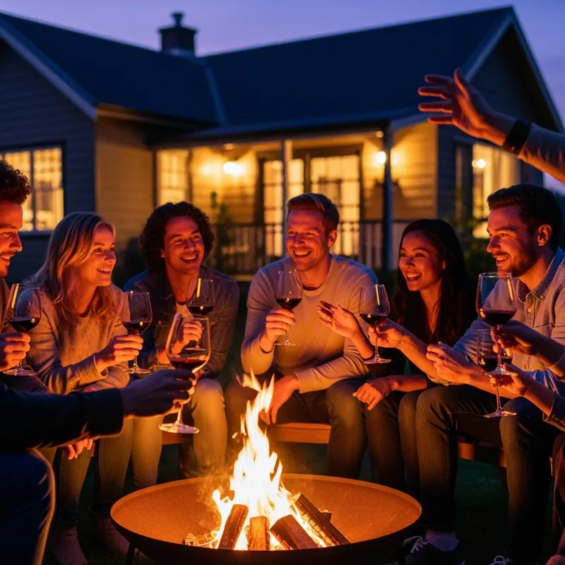 Twilight Gathering: Group Around Fire Pit with Wine & Conversation