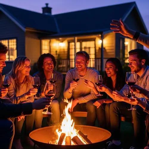 Twilight Gathering Around Fire Pit: Wine, Conversation, and Camaraderie