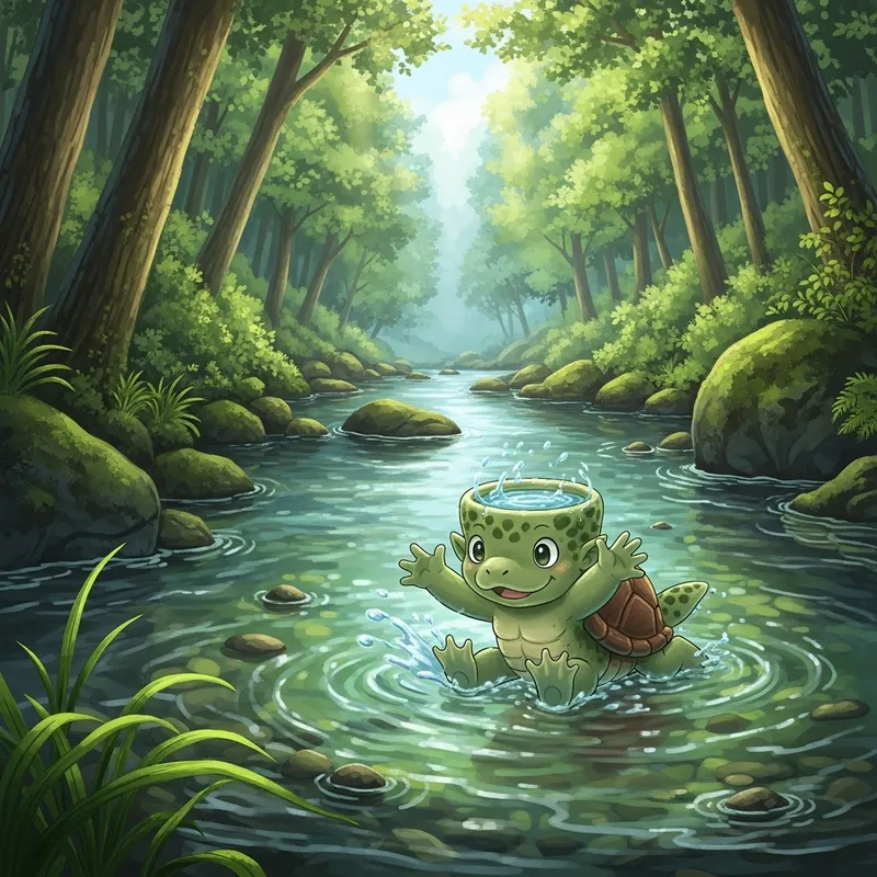 Enchanting River Scene with Playful Kappa Mythical Creature Enchanting River Scene with Playful Kappa Mythical Creature