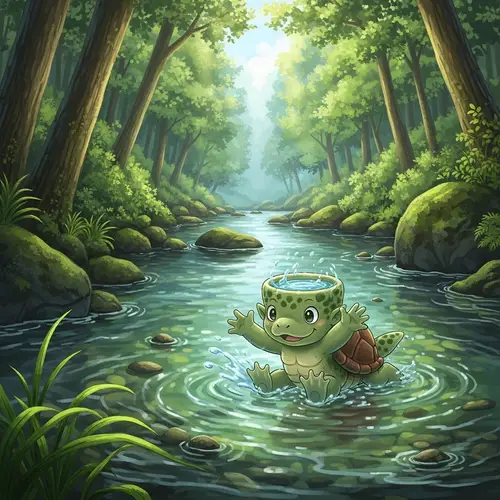 Kappa Mythical Creature Swimming in Picturesque River Scene