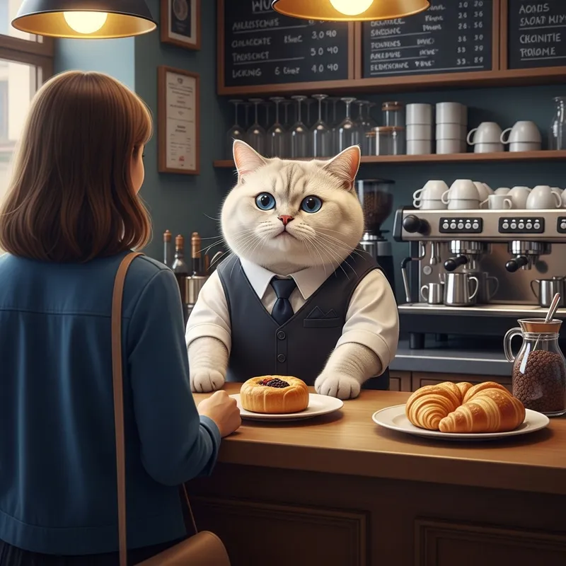 Charming Realistic British Cat Waiter Serving Pastry in Cafe