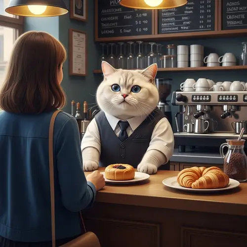 Hyperrealistic Café Scene with British Feline Waiter Placing Pastry