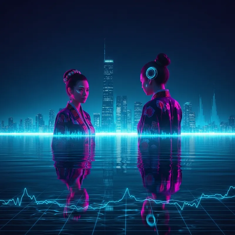 Futuristic Cyberpunk Woman Gazing into Neon Sea