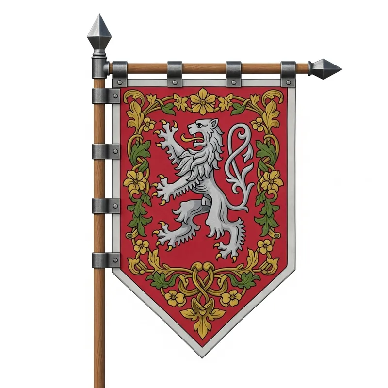 Intricately Designed Medieval Banner with Majestic Silver Lion