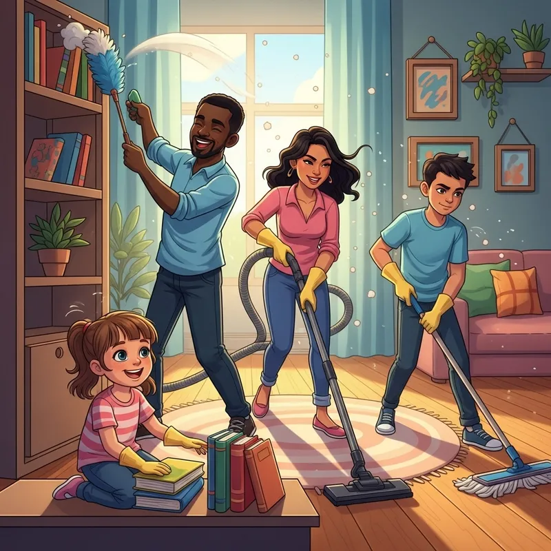Exciting Family Home Cleaning Scene | Vibrant Cartoon Illustration