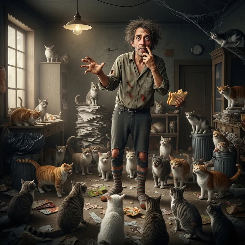 Man With Eccentric Habits Surrounded by Cats Man With Eccentric Habits Surrounded by Cats