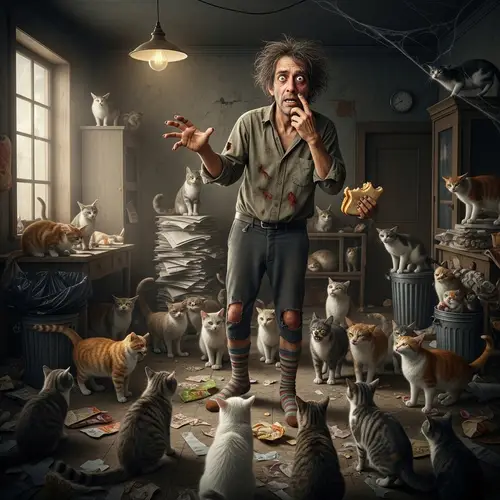 Man With Eccentric Habits Surrounded by Cats