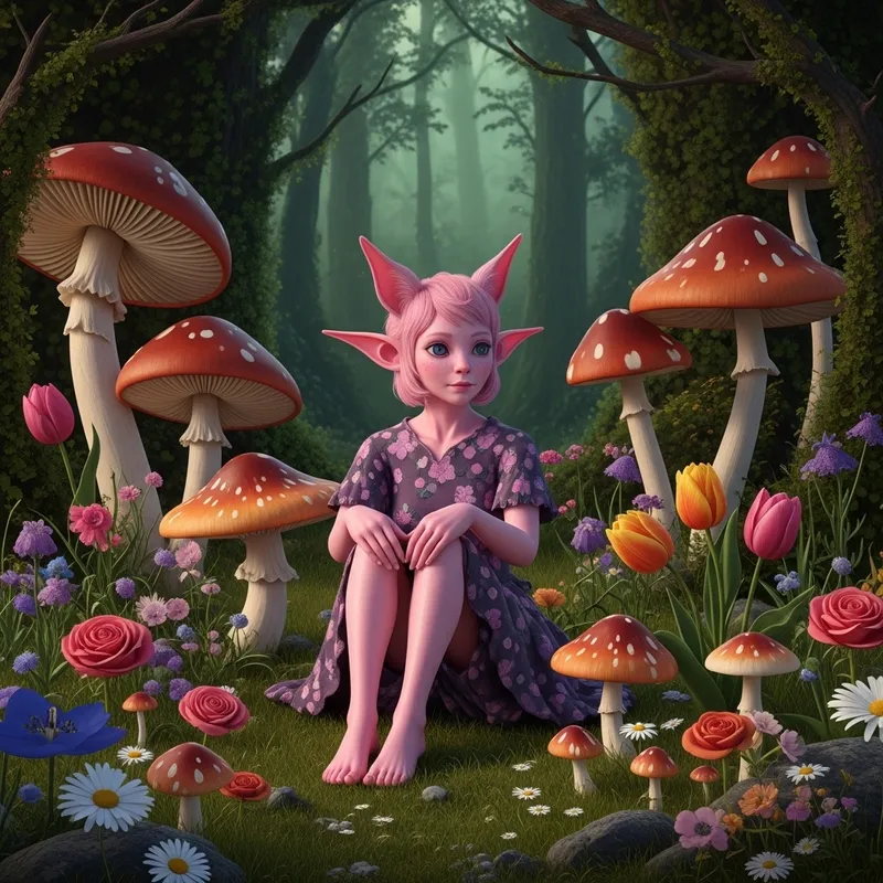 Enchanting Pink Forest Elf Among Mushrooms and Flowers