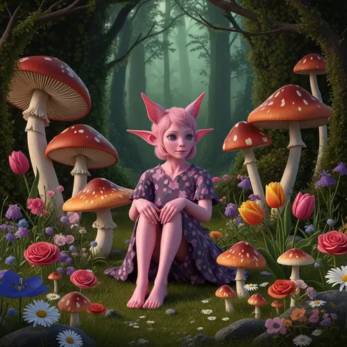 Enchanting Pink Forest Creature Amidst Bell-Shaped Mushrooms