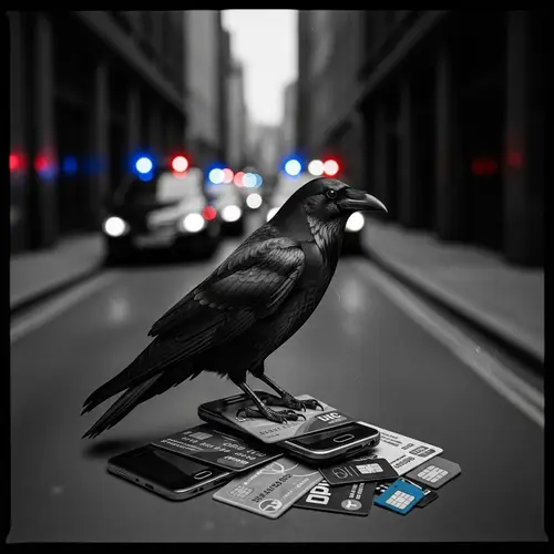 Cryptic Raven perched on Bank Cards, Phones, and SIM Cards in Noir Alleyway