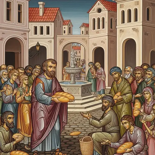 Generous Bearded Man Sharing Bread in Medieval City
