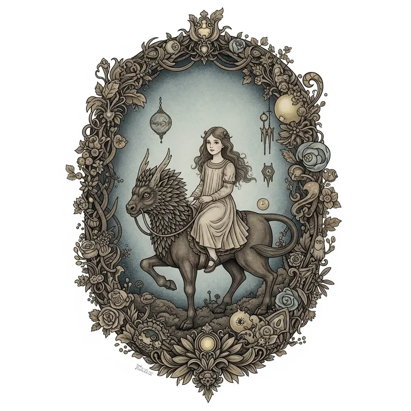 Intricate Lithograph: Girl Riding Mythical Creature in Dream Landscape | Surreal Artwork